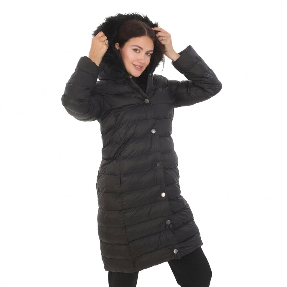 Kürk Kapüşonlu Uzun Kapitone Puffer Mont - Siyah
