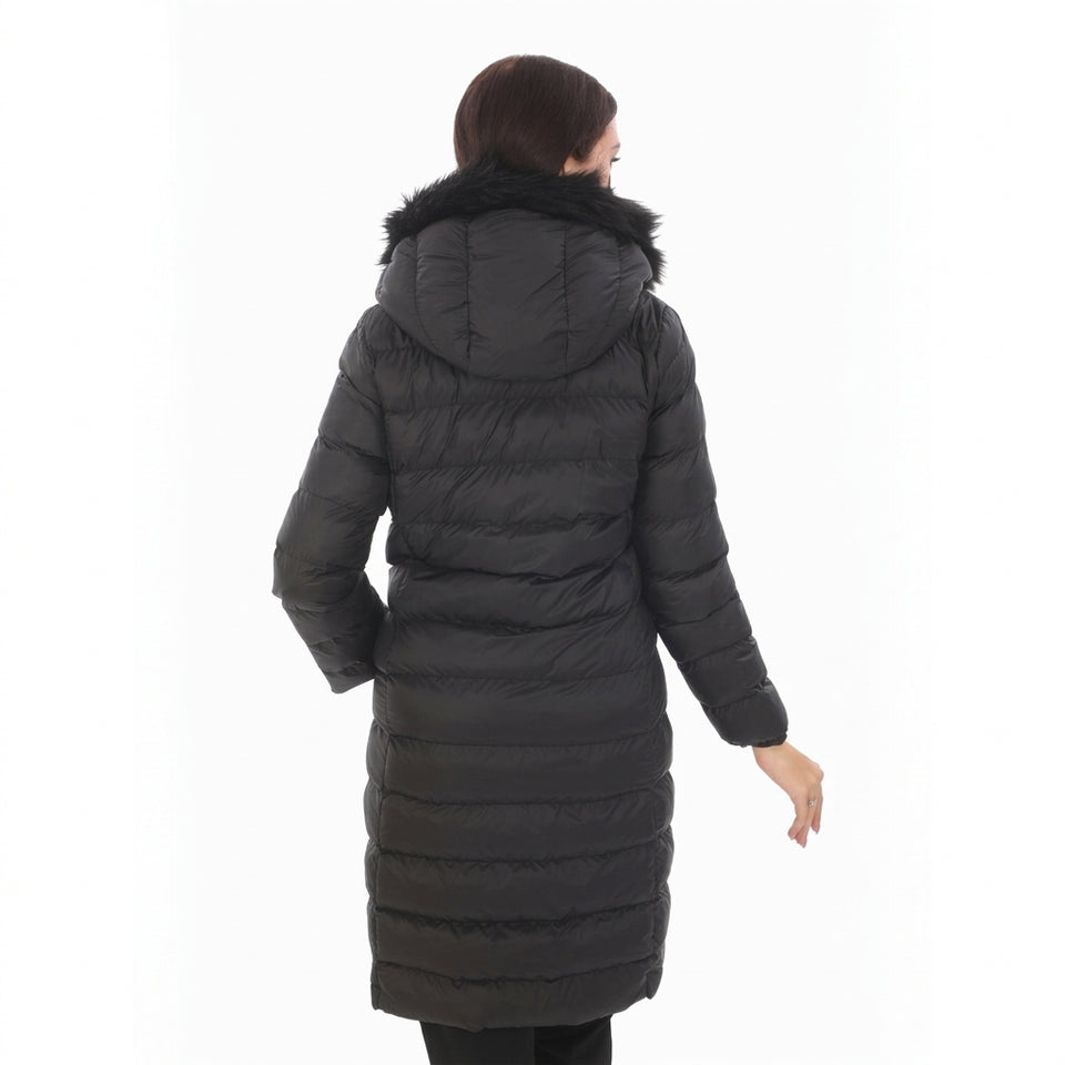 Kürk Kapüşonlu Uzun Kapitone Puffer Mont - Siyah