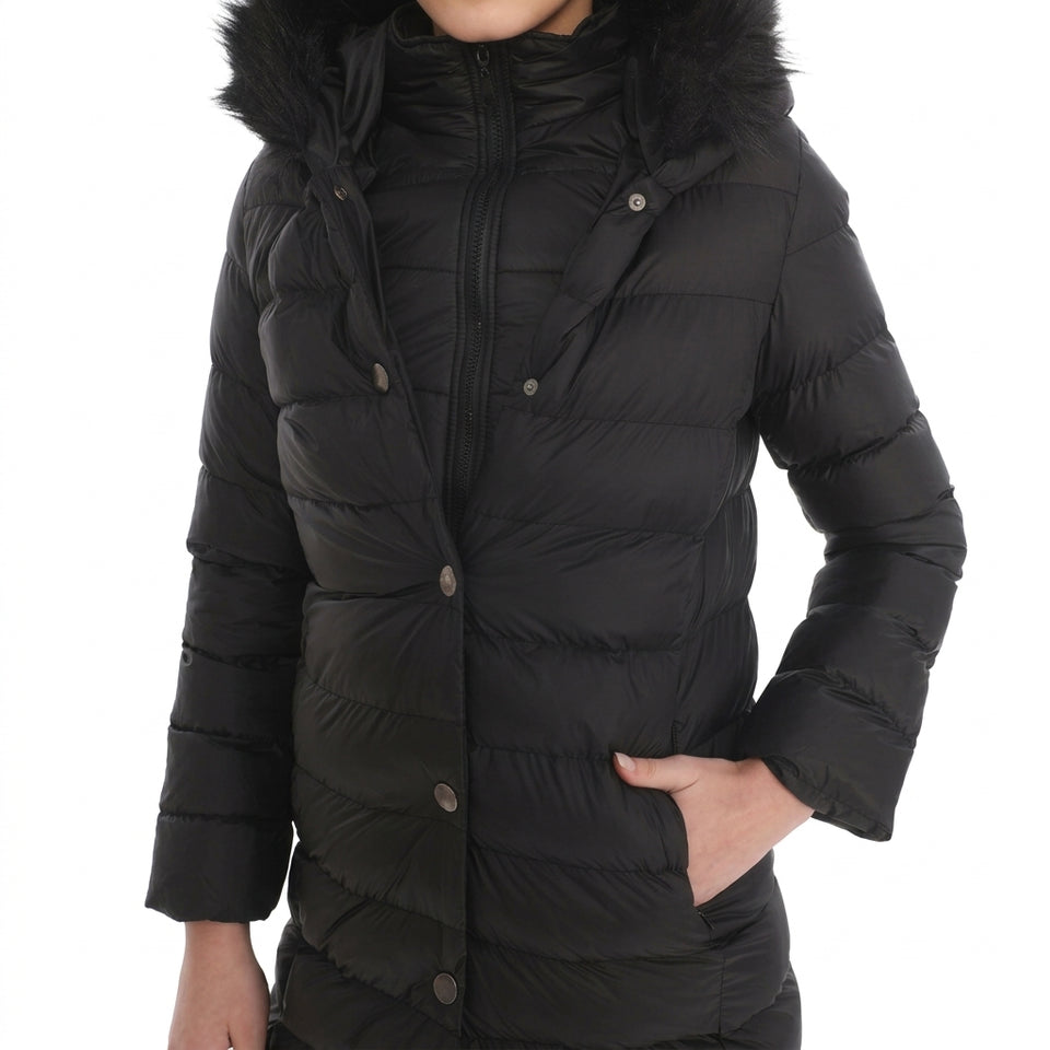 Kürk Kapüşonlu Uzun Kapitone Puffer Mont - Siyah