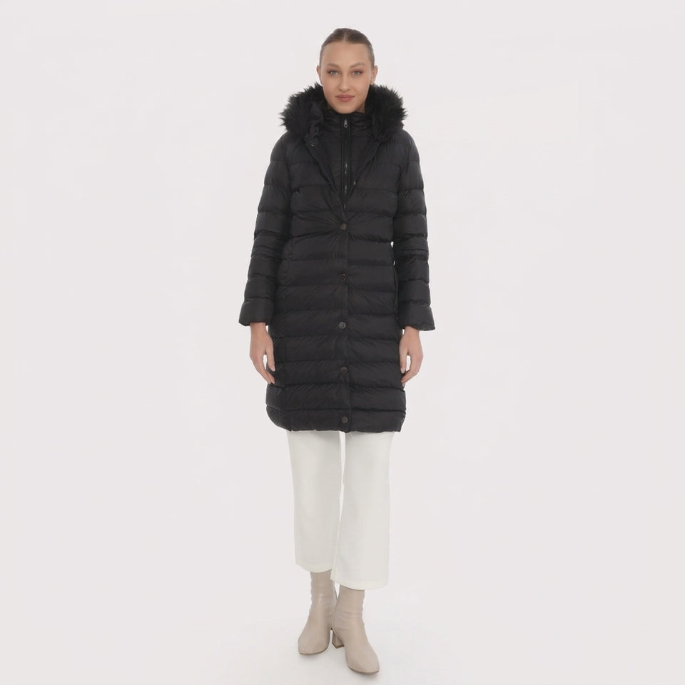 Kürk Kapüşonlu Uzun Kapitone Puffer Mont - Siyah