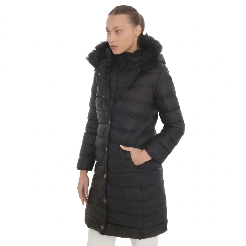 Kürk Kapüşonlu Uzun Kapitone Puffer Mont - Siyah